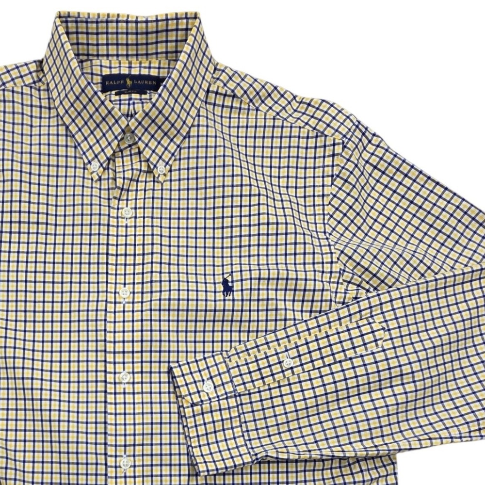 Ralph Lauren Slim Fit Button Down Shirt L/S Yellow Blue Tattersall Plaid Mens XL